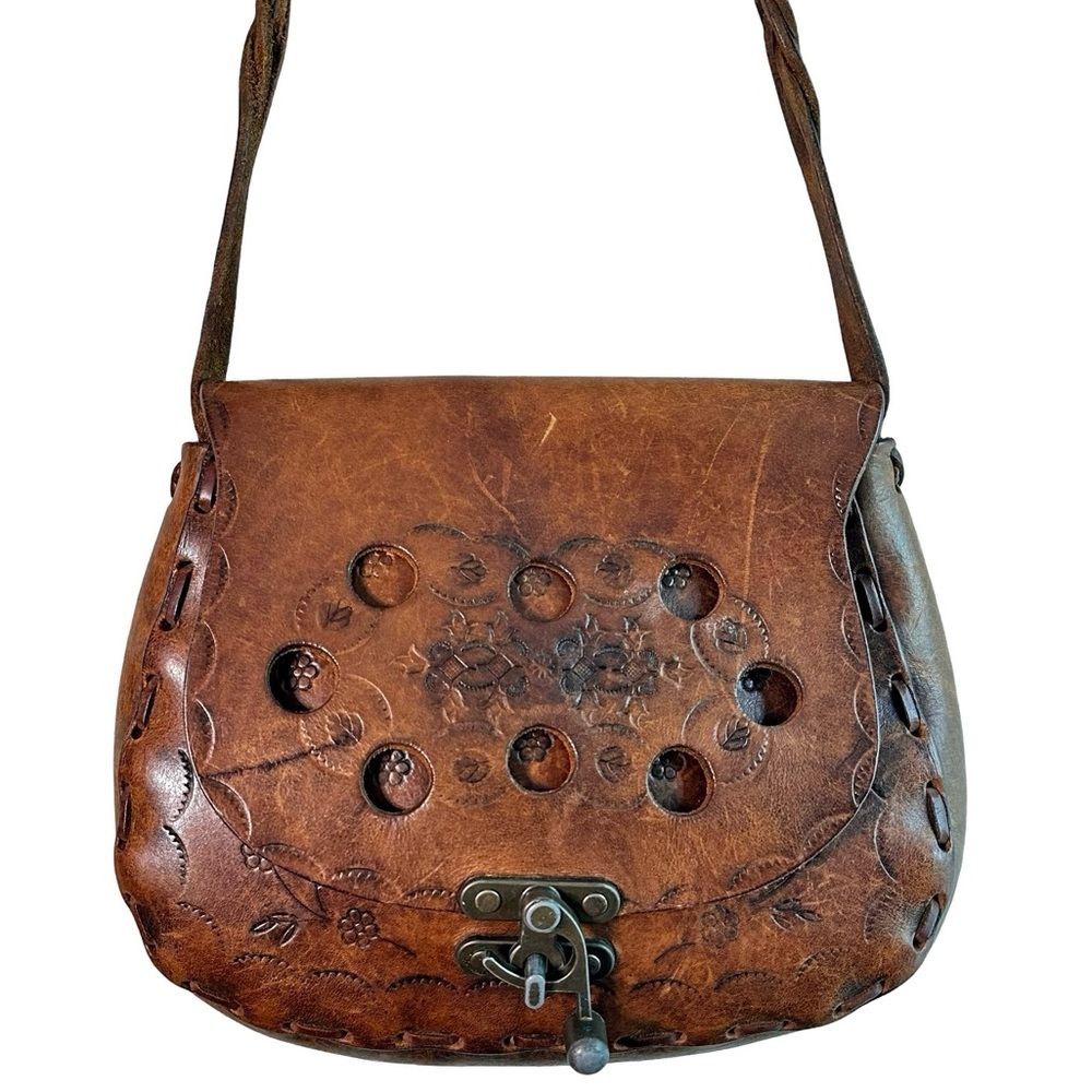 Vintage Western Tooled Leather Shoulder Bag - Boho